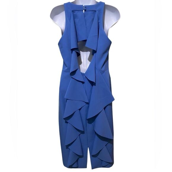 Nicole Miller New York Cascade Ruffle Back Blue Midi Sheath Dress Feminine SZ 4 - Picture 4 of 14